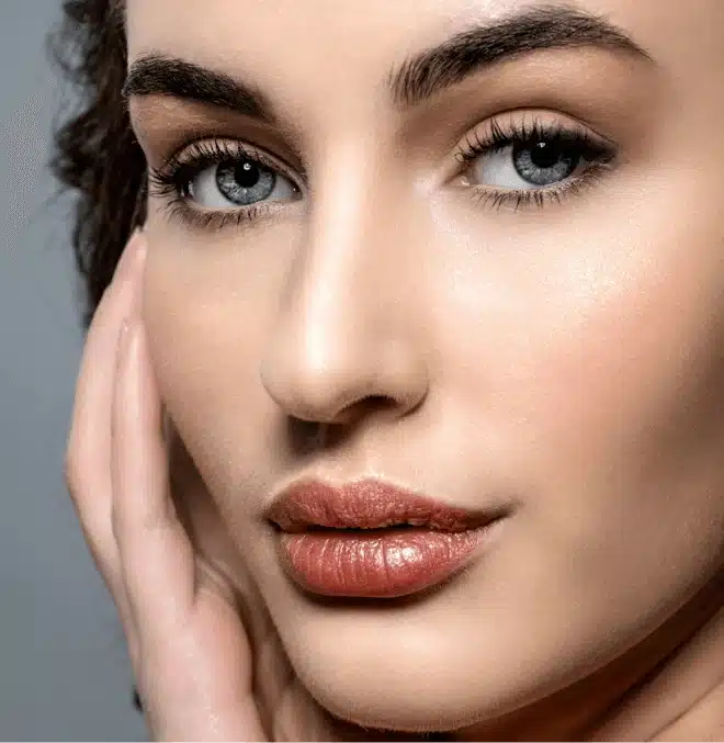 Close-up of a woman with smooth, youthful skin and defined facial features, showcasing volume and elasticity in her cheeks and lips.